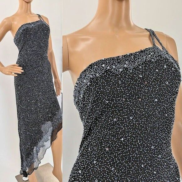 Vintage 90s Scala Silk Gown Black Beaded Sequins Off Shoulder Siren Size M - Picture 1 of 13